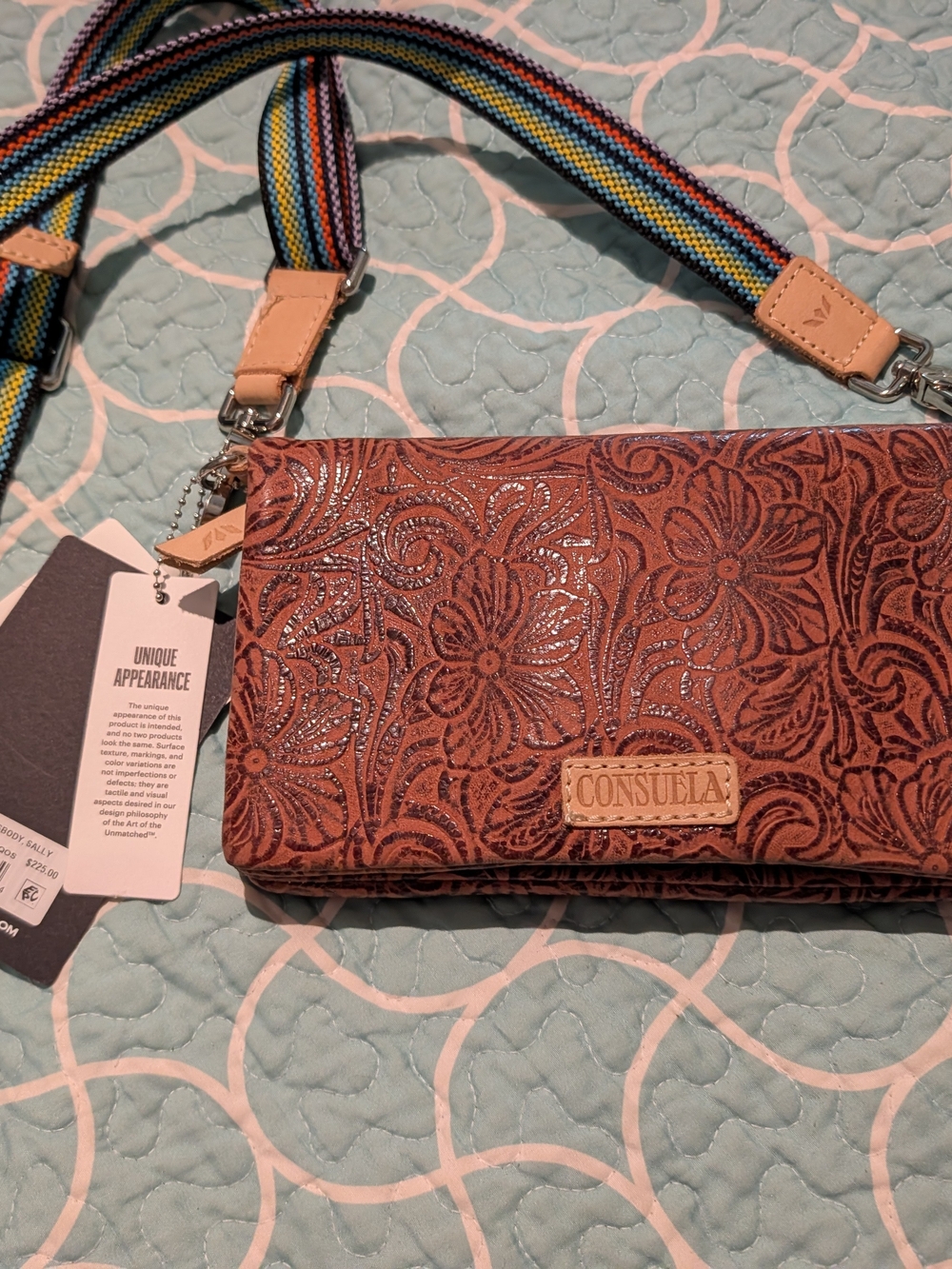 Consuela Brown Floral Embossed Crossbody with Rainbow Strap